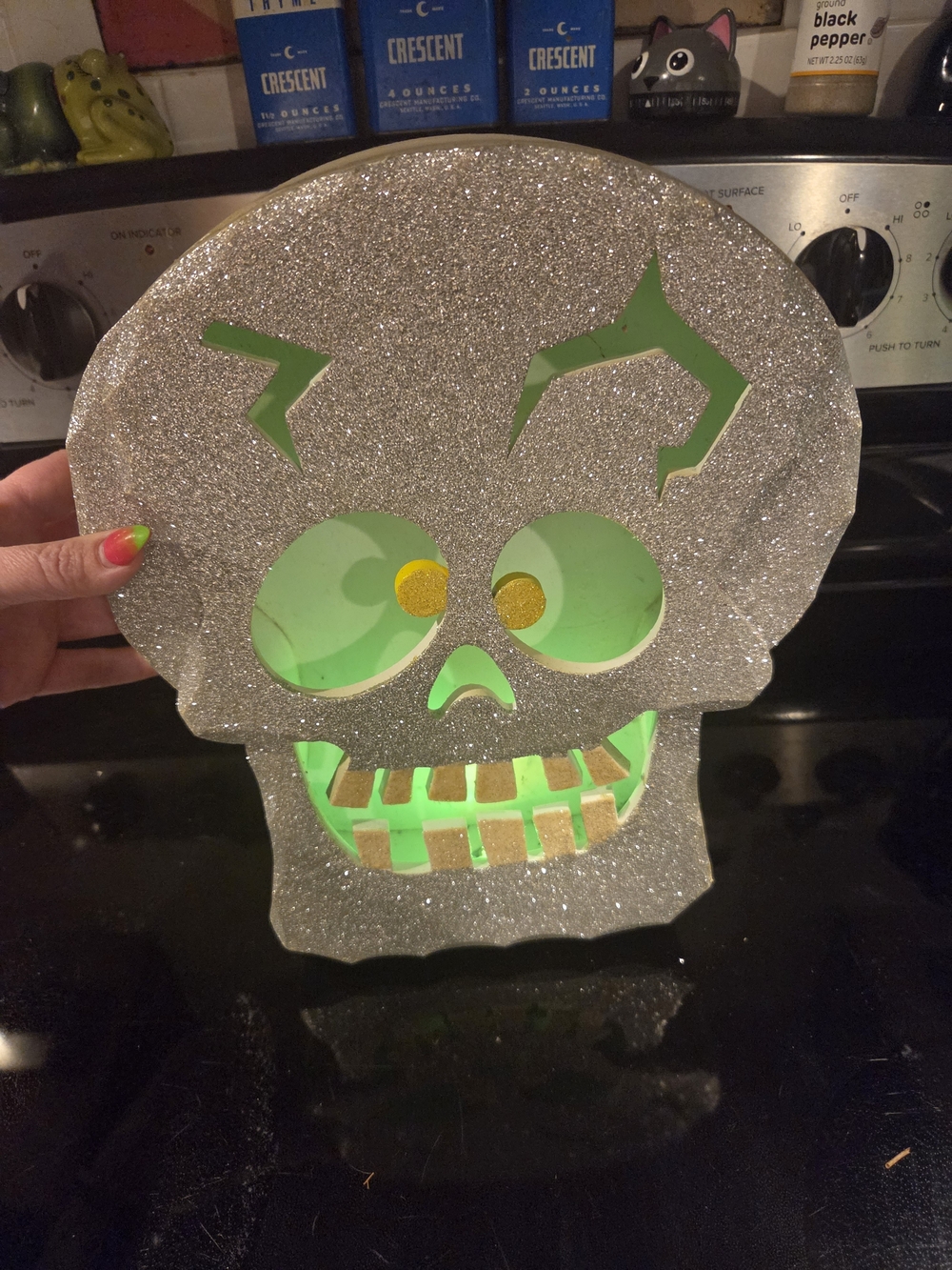 Glitter Skull Party Decoration with Green LED Glow